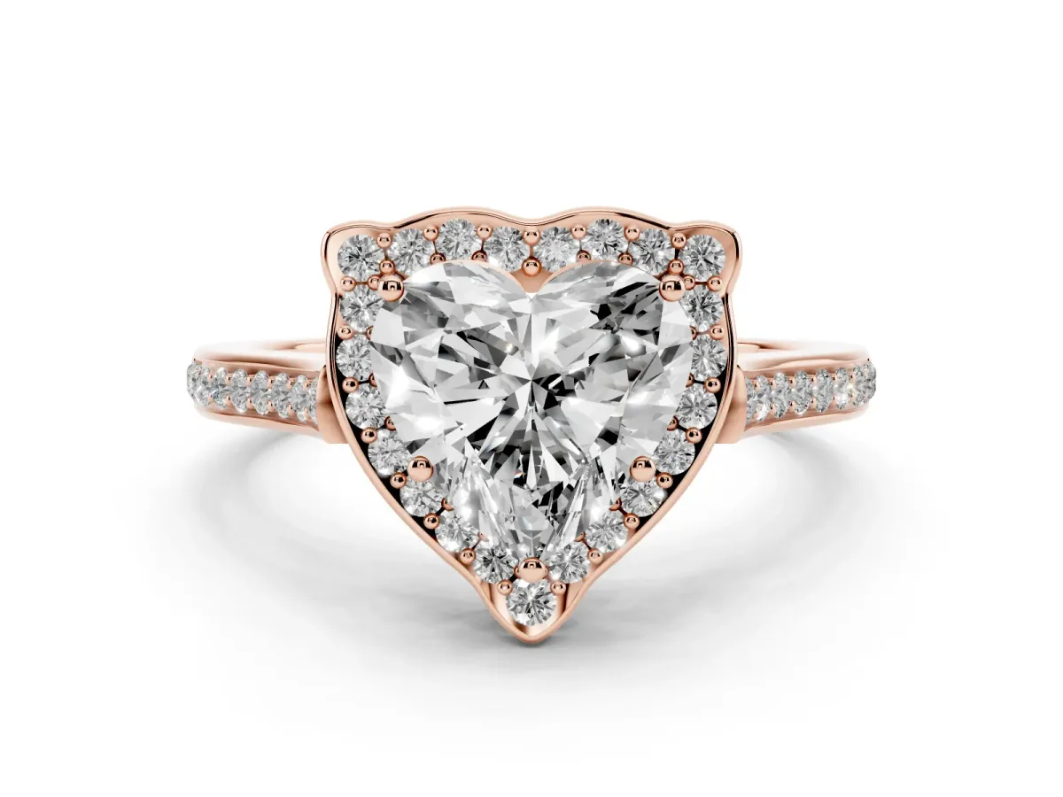 Heart Cut Diamond Halo Ring Set in Rose gold with Pavé-Lined Shoulders and Prong Setting