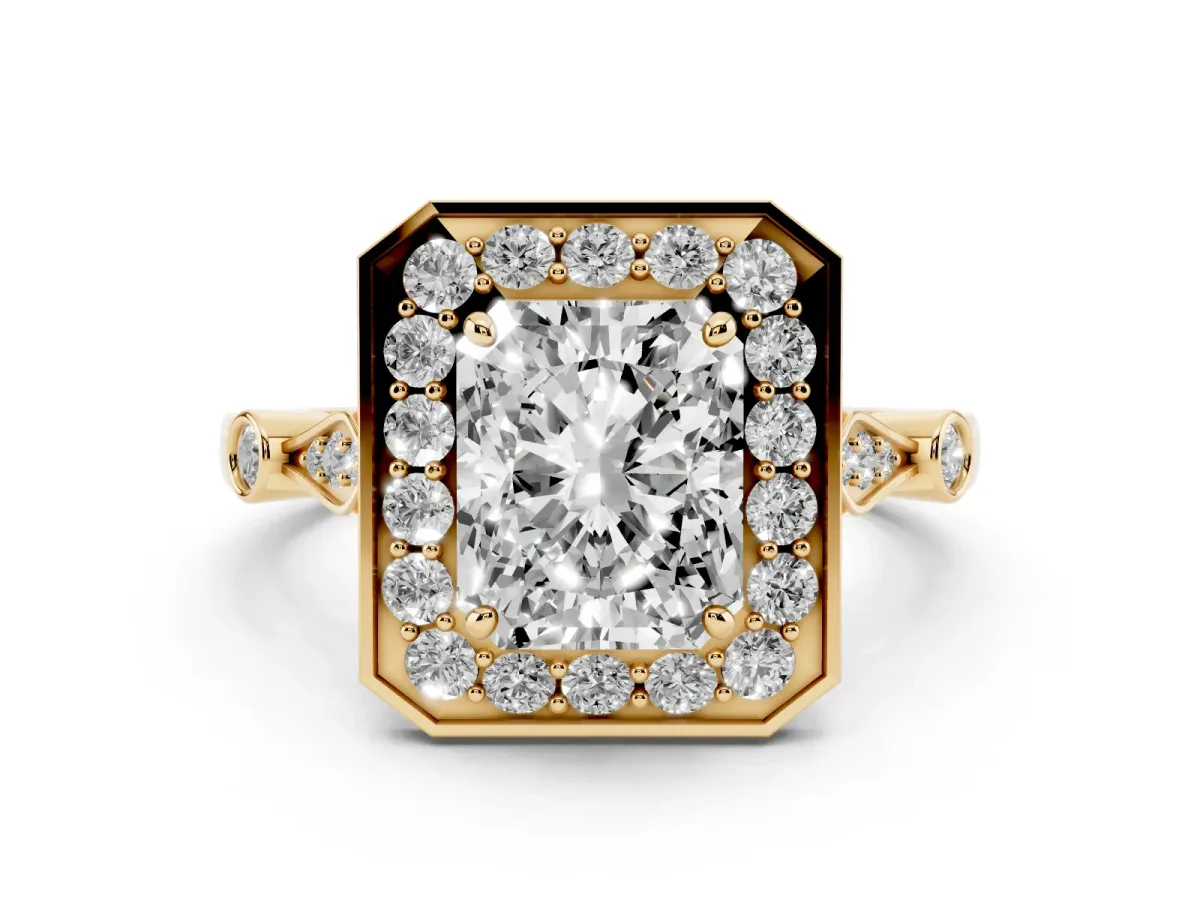 Radiant Cut Diamond Halo Engagement Ring Set in Yellow gold with Twisted Band and Prong Setting