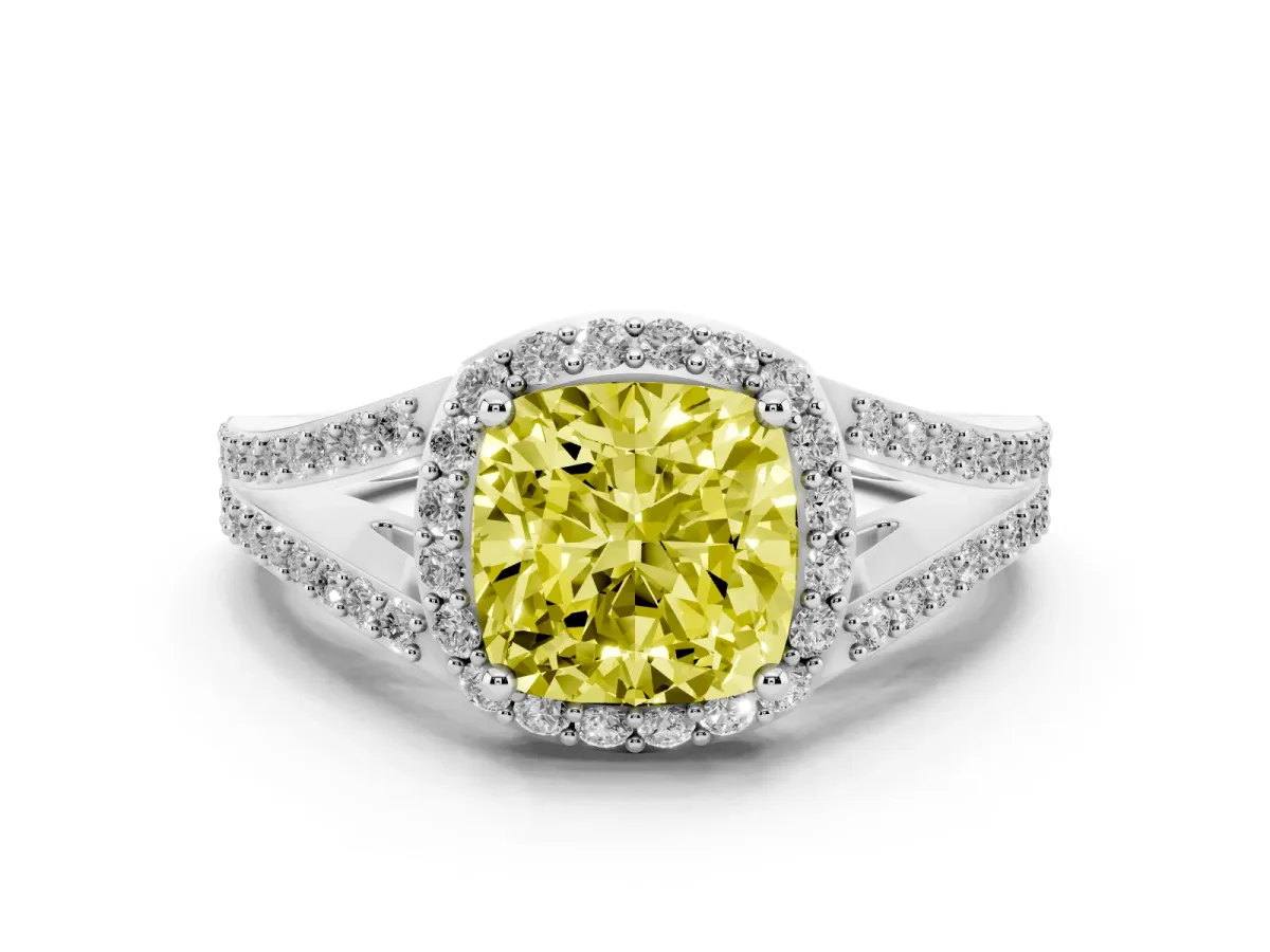 Fancy Yellow Cushion Cut Diamond Halo Split Shank Pavé Ring Set in Silver with Prong Setting