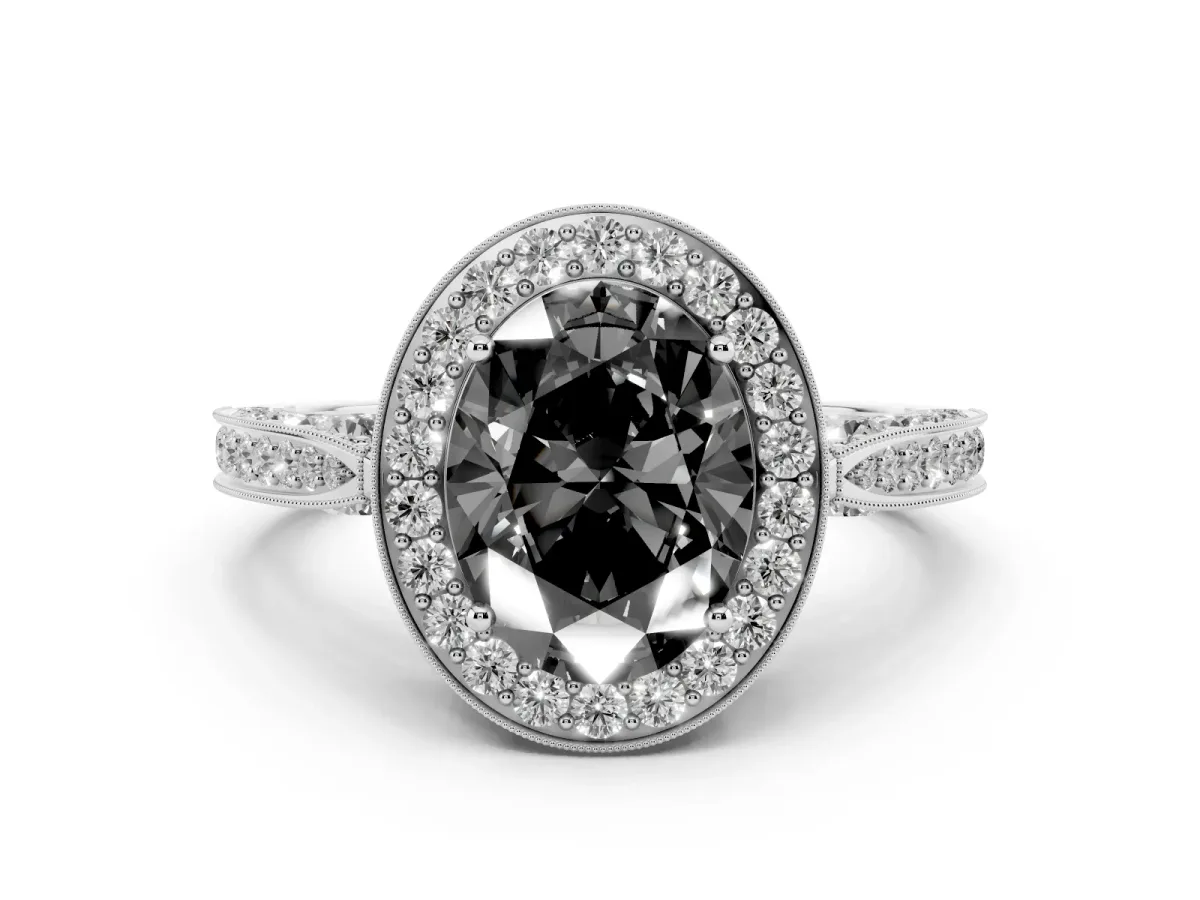 Fancy Black Oval Cut Diamond Halo Engagement Ring Set in Silver with Accent Split Shank Band