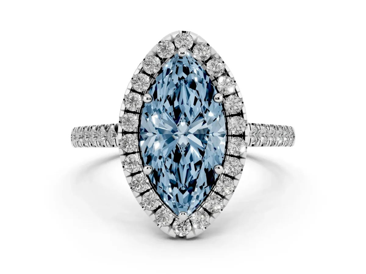 Fancy Blue Marquise Cut Diamond Pavé Halo Engagement Ring Set in Silver with Pavé Band and Prong Setting