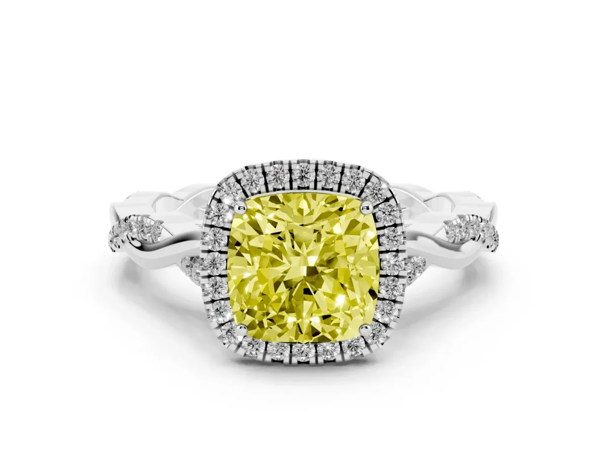 Fancy Yellow Cushion Cut Diamond Halo Twist Band Solitaire Ring Set in Silver with Prong Setting
