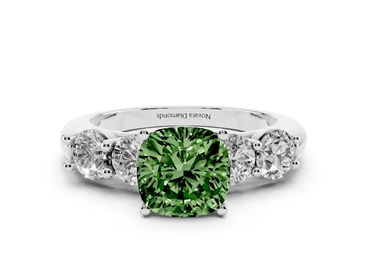 Fancy Green Cushion Cut Diamond Five-Stone Prong Set Ring Set in White gold with Classic Band