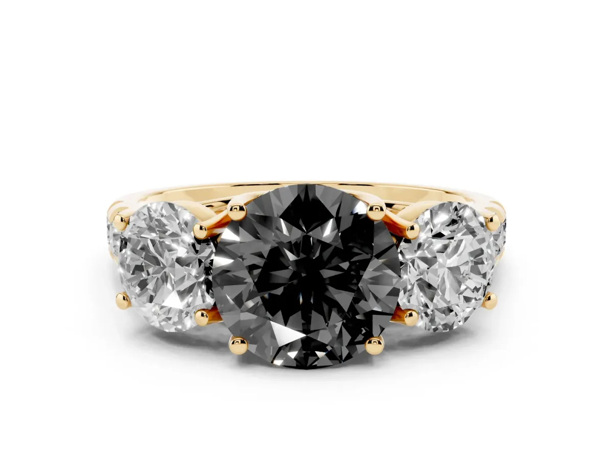 Fancy Black Round Cut Diamond Three-Stone Ring Set in Yellow gold with Pavé Band