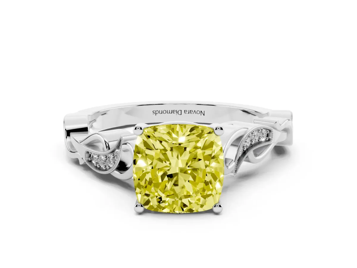 Fancy Yellow Cushion Cut Diamond Vine Band Solitaire Ring Set in Platinum with Milgrain Prong Setting