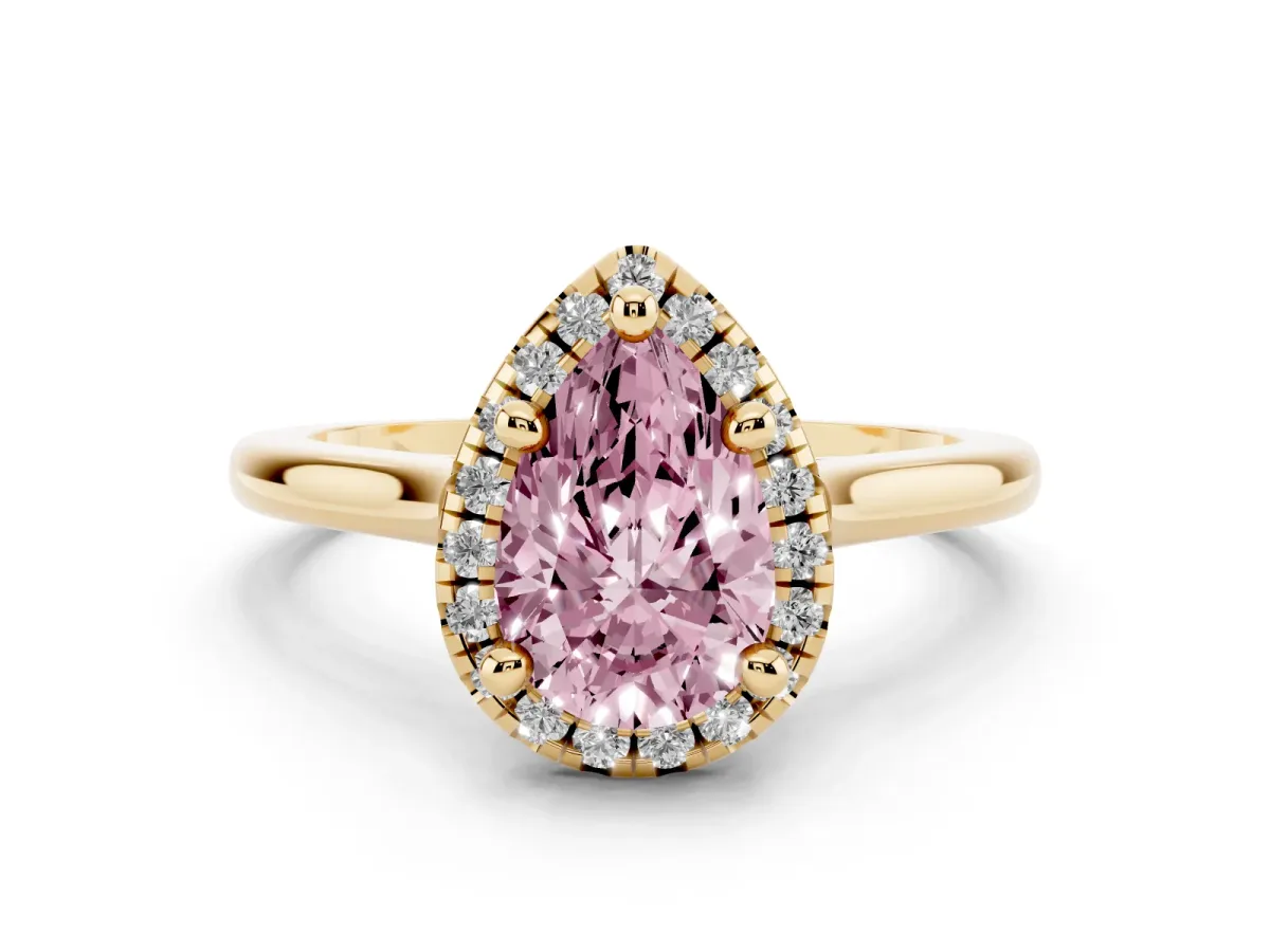 Fancy Pink Pear Cut Diamond Halo Engagement Ring Set in Yellow gold with Pavé Band and Rising Shoulders