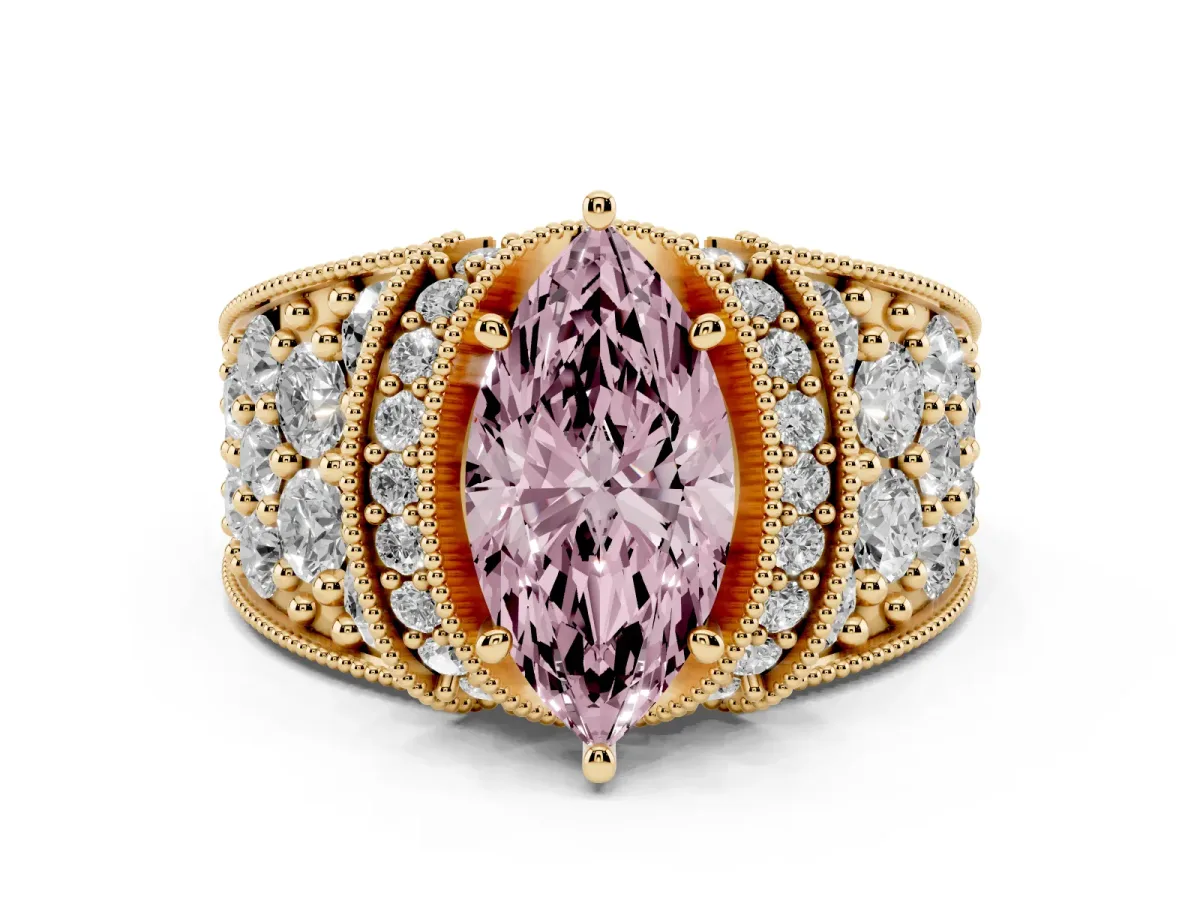 Fancy Pink Marquise Cut Diamond Milgrain Halo Pavé Engagement Ring Set in Yellow gold with Prong Setting