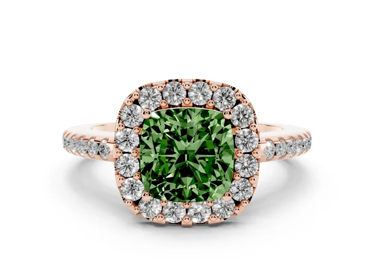 Fancy Green Cushion Cut Diamond Pavé Halo Ring Set in Rose gold with Prong Setting