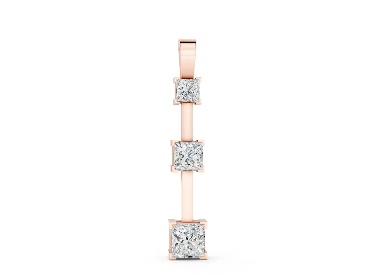 Three-Stone Princess Cut Pendant Set in Rose gold with Stacked Prong Setting