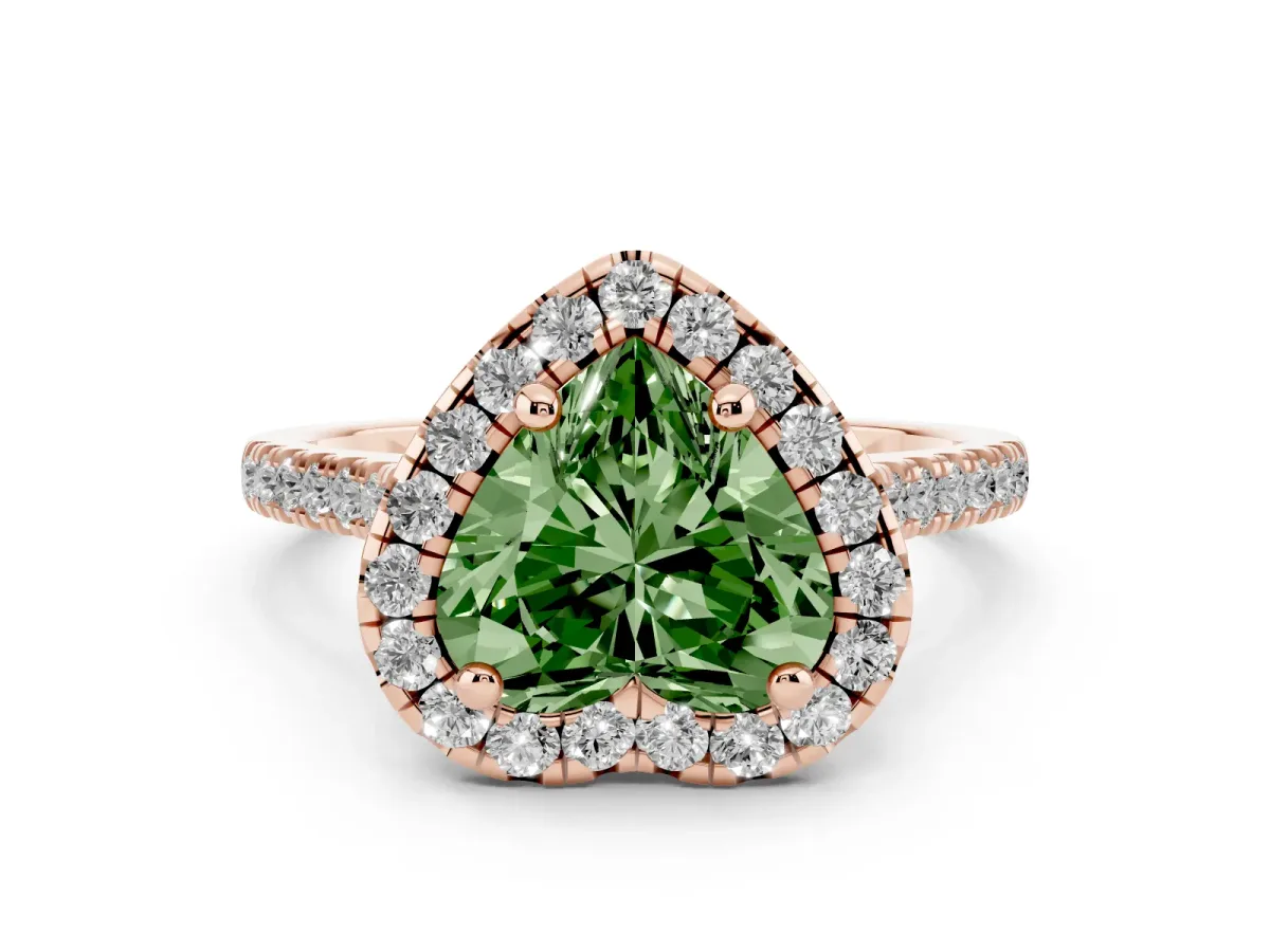 Fancy Green Heart Cut Diamond Cushion Halo Ring Set in Rose gold with Pavé Band