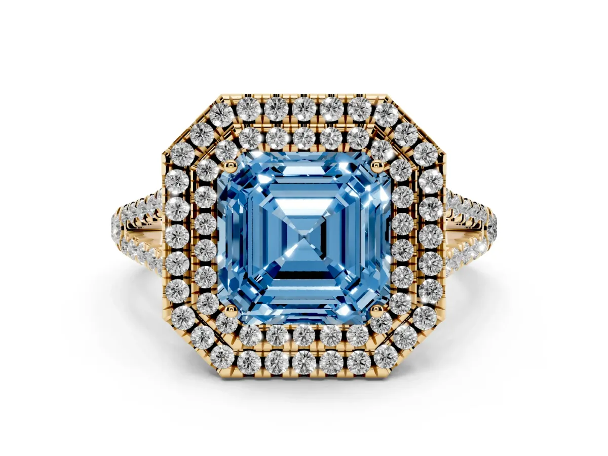 Fancy Blue Asscher Cut Diamond Double Halo Ring Set in Yellow gold with Pavé Band