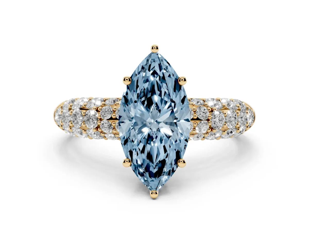 Fancy Blue Marquise Cut Diamond Pavé Band Solitaire Ring Set in Yellow gold with Close-Set Accent Stones and Prong Setting