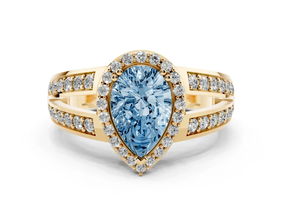 Fancy Blue Pear Cut Diamond Halo Ring Set in Yellow gold with Double Pavé Split Shank