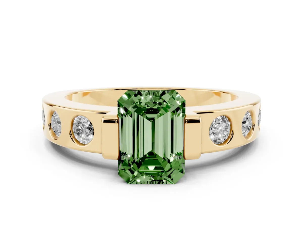 Fancy Green Emerald Cut Diamond Channel-Set Band Ring Set in Yellow gold with Bezel Prong Setting
