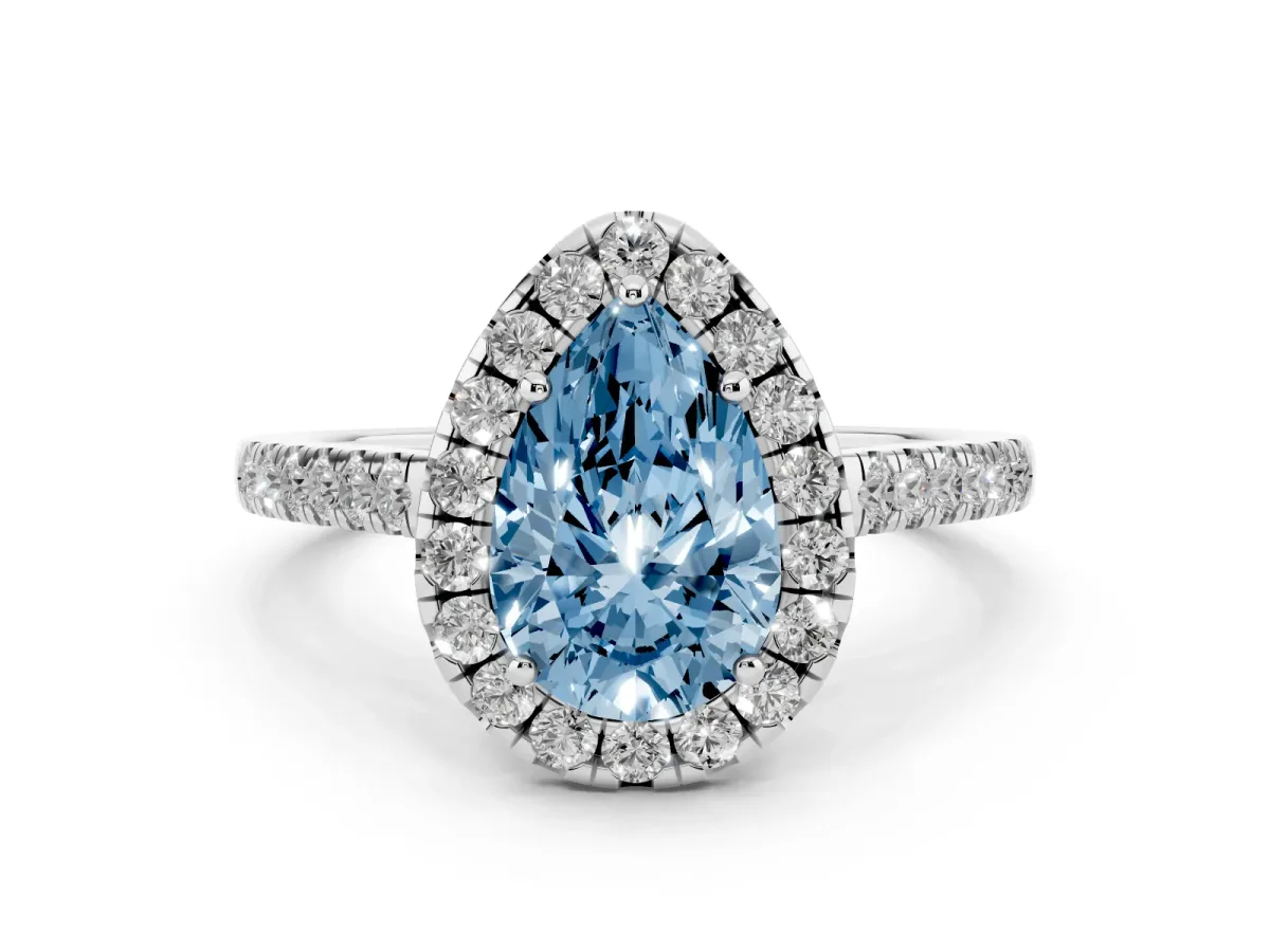 Fancy Blue Pear Cut Diamond Halo Pavé Engagement Ring Set in Platinum with Prong Setting
