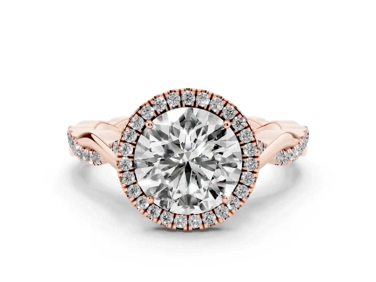 Round Cut Diamond Halo Twist Band Solitaire Ring Set in Rose gold with Prong Setting