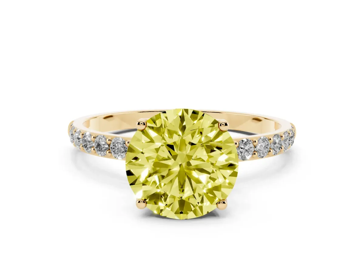 Fancy Yellow Round Cut Diamond Solitaire Engagement Ring Set in Yellow gold with Round Pavé Band and Prong Setting