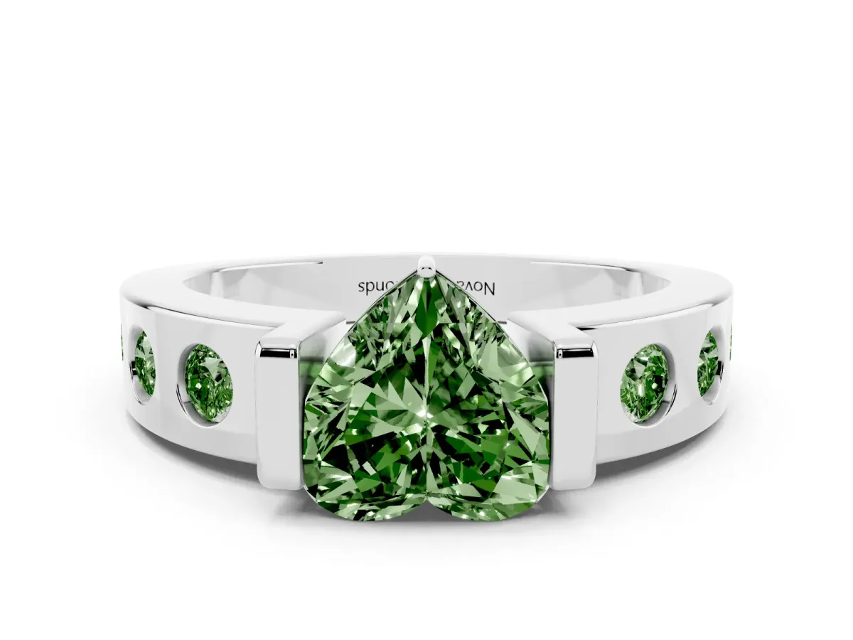 Fancy Green Heart Cut Diamond Channel-Set Band Ring Set in Silver with Bezel Prong Setting