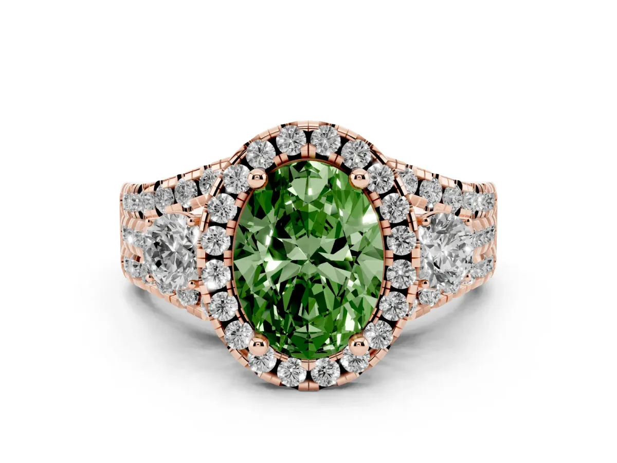 Fancy Green Oval Cut Diamond Halo Split Shank Ring Set in Rose gold with Round Accent Stones and Prong Setting