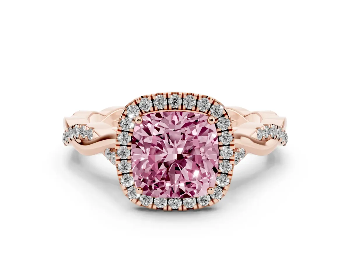 Fancy Pink Cushion Cut Diamond Halo Twist Band Solitaire Ring Set in Rose gold with Prong Setting