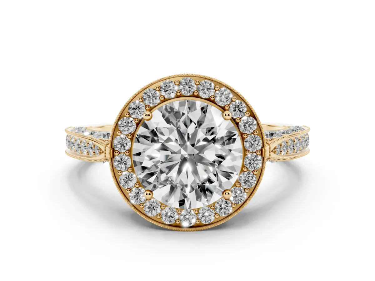 Round Cut Diamond Halo Engagement Ring Set in Yellow gold with Accent Split Shank Band