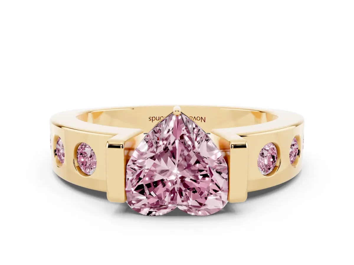 Fancy Pink Heart Cut Diamond Channel-Set Band Ring Set in Yellow gold with Bezel Prong Setting