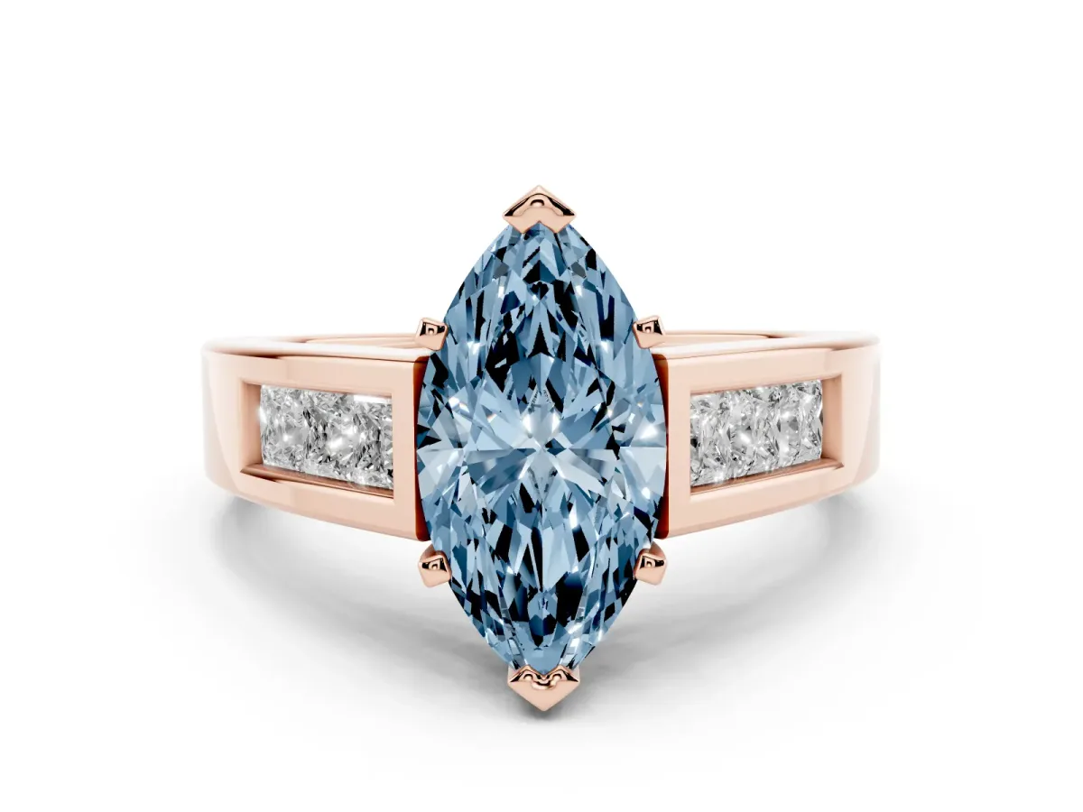 Fancy Blue Marquise Cut Diamond Solitaire Ring Set in Rose gold with Channel-Set Accent Stones and Prong Setting