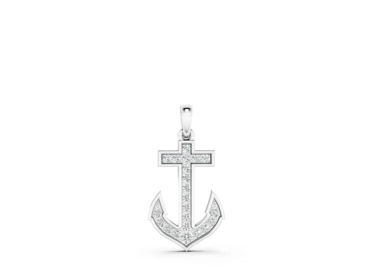 Pavé Round Diamond Anchor Pendant Set in Silver with Four-Prong Setting