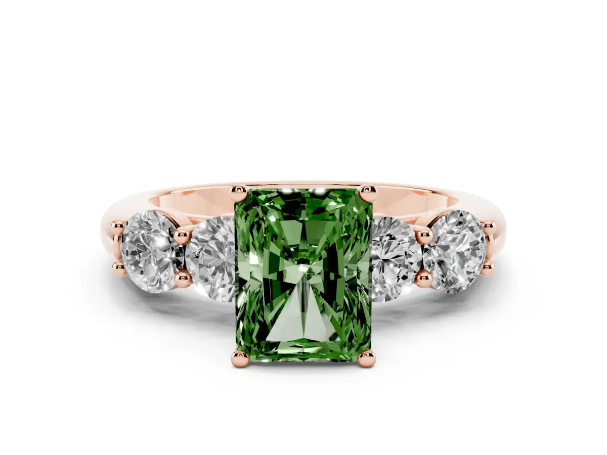 Fancy Green Radiant Cut Diamond Five-Stone Prong Set Ring Set in Rose gold with Classic Band