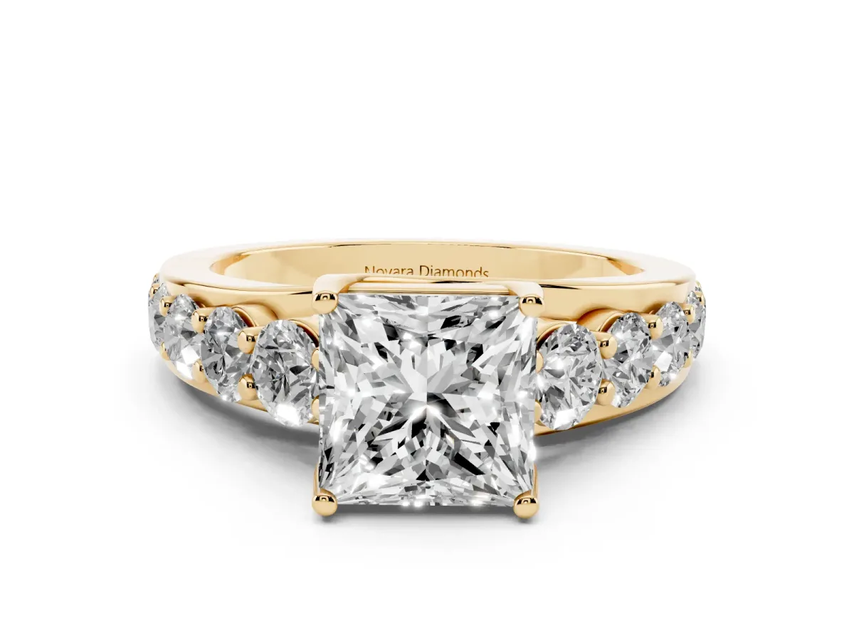 Princess Cut Diamond Pavé Engagement Ring Set in Yellow gold with Prong Setting