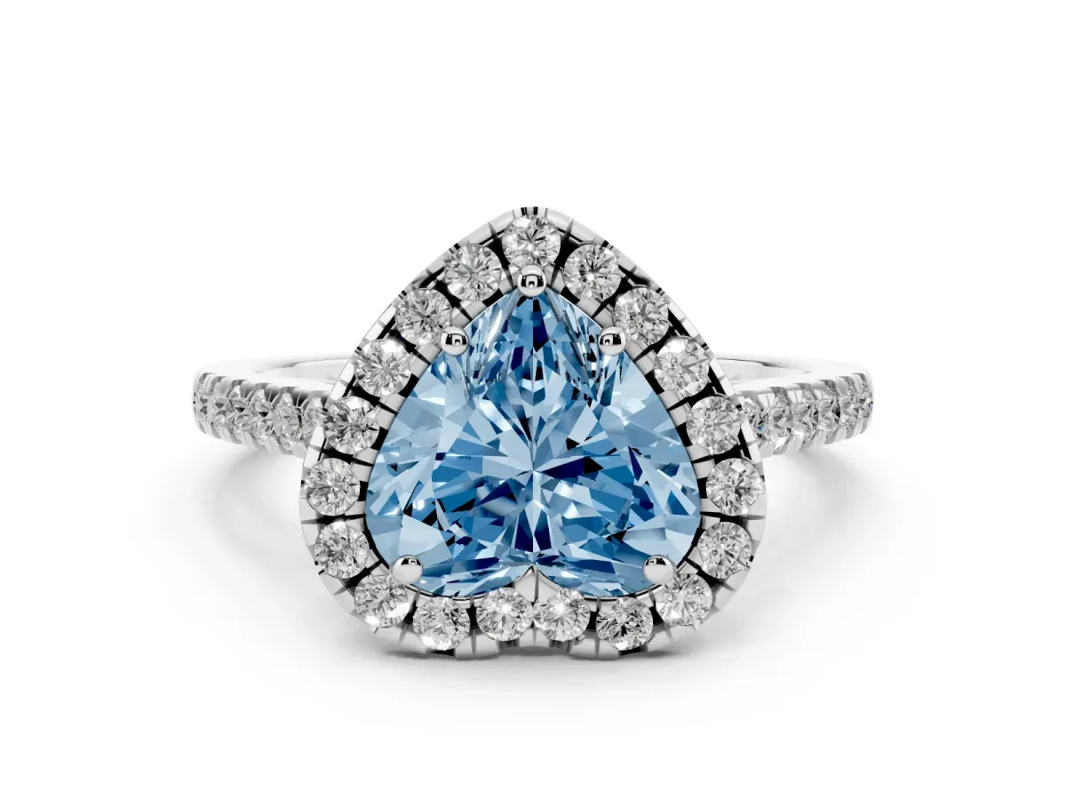 Fancy Blue Heart Cut Diamond Pavé Halo Engagement Ring Set in Platinum with Pavé Band and Prong Setting