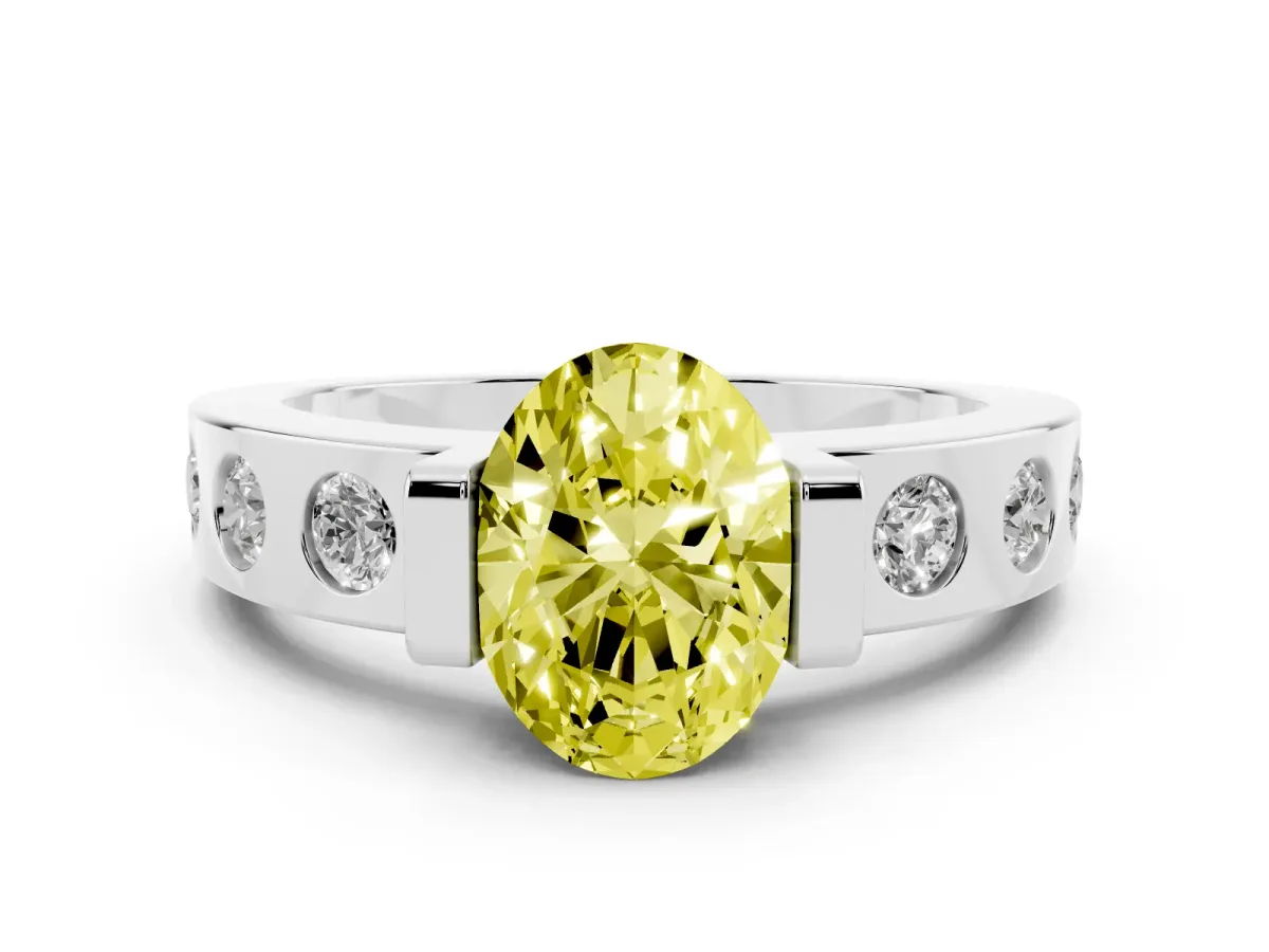 Fancy Yellow Oval Cut Diamond Channel-Set Band Ring Set in White gold with Bezel Prong Setting