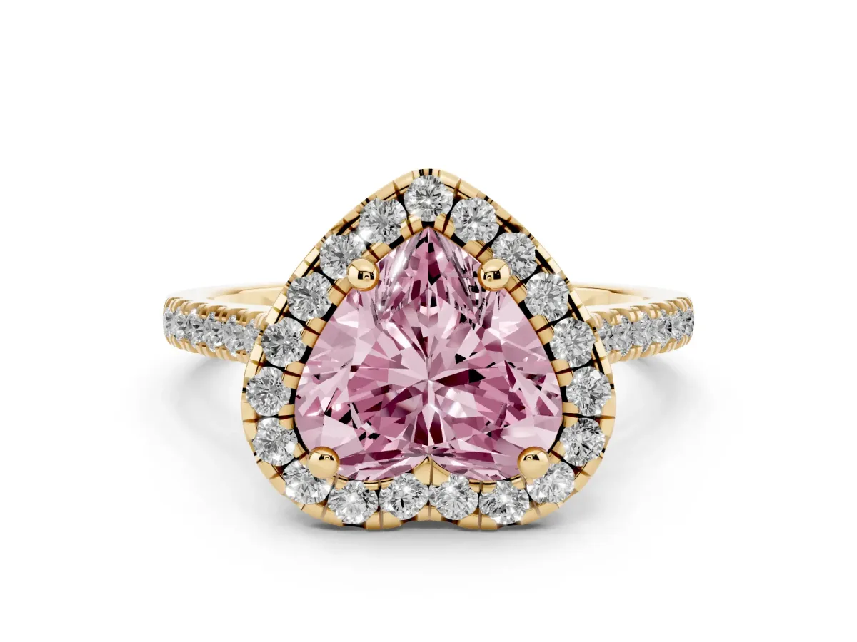 Fancy Pink Heart Cut Diamond Cushion Halo Ring Set in Yellow gold with Pavé Band