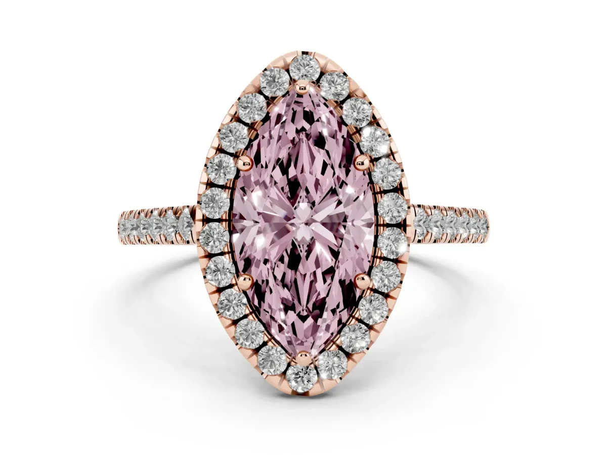 Fancy Pink Marquise Cut Diamond Pavé Halo Engagement Ring Set in Rose gold with Pavé Band and Prong Setting