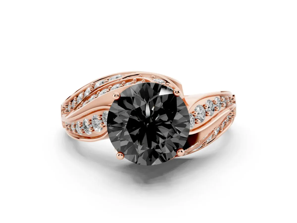 Fancy Black Round Cut Diamond Solitaire Ring Set in Rose gold with Layered Twist Pavé Band