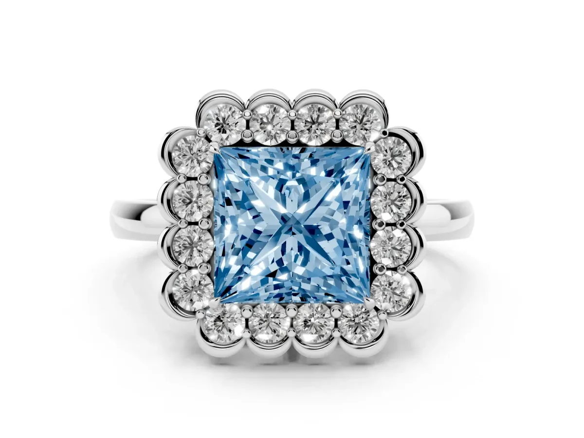 Fancy Blue Princess Cut Diamond Halo Cluster Engagement Ring Set in Platinum with Solitaire Band and Prong Setting