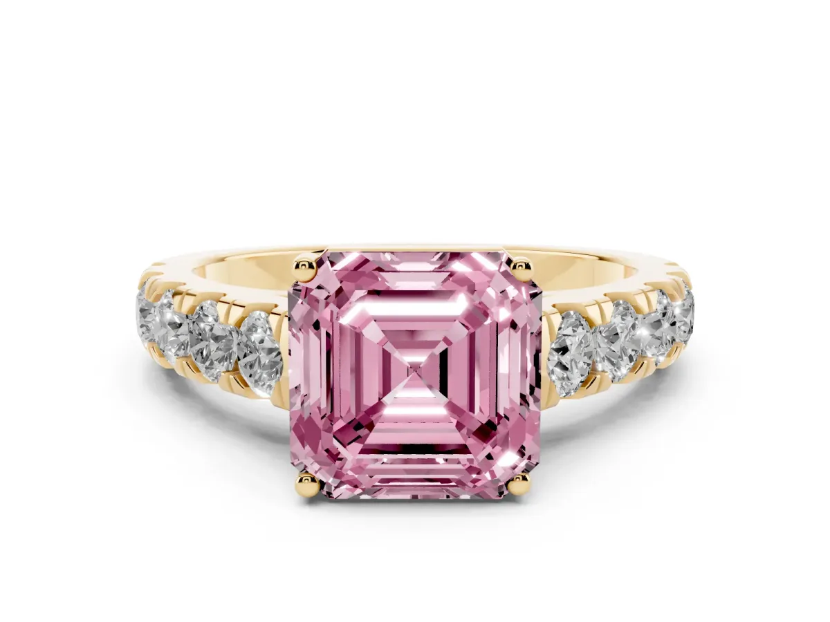 Fancy Pink Asscher Cut Diamond Solitaire Ring Set in Yellow gold with Cut-Down Micro Pavé Band and Prong Setting