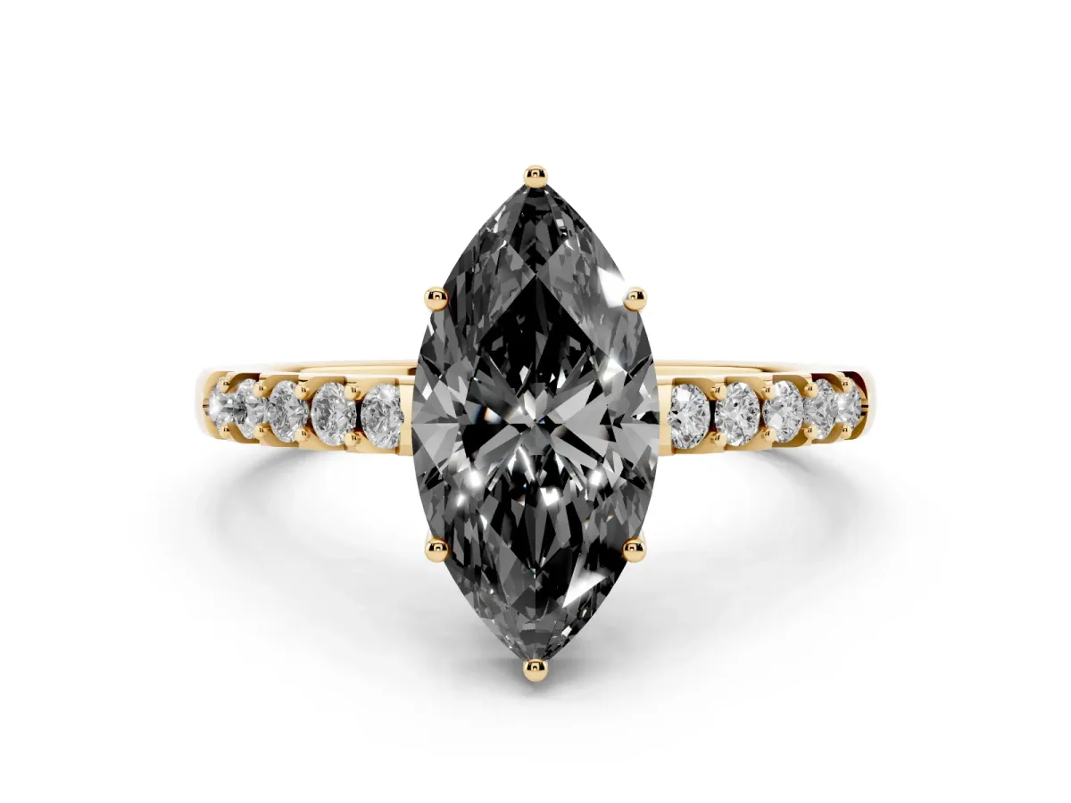 Fancy Black Marquise Cut Diamond Solitaire Engagement Ring Set in Yellow gold with Pavé Band and Prong Setting