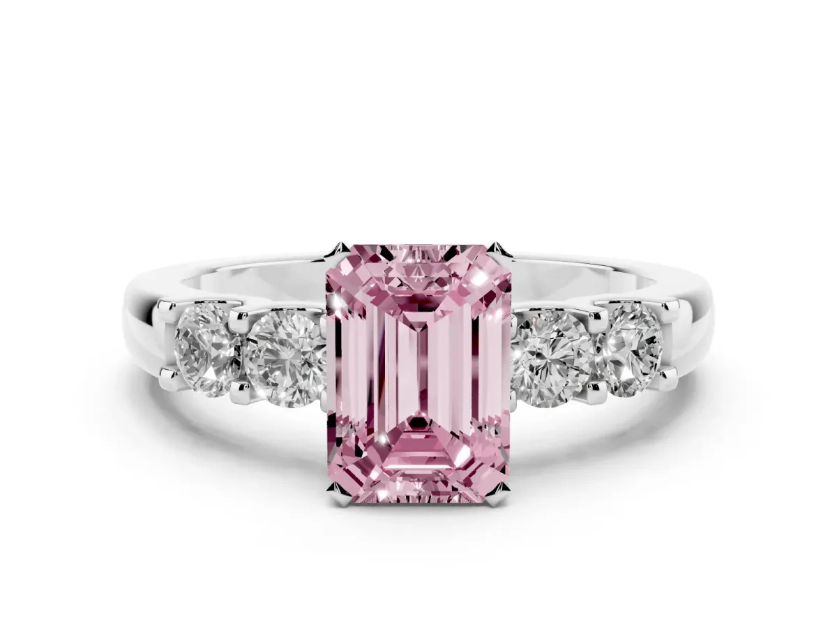 Fancy Pink Emerald Cut Diamond Five-Stone Prong Set Engagement Ring Set in White gold with Channel Band