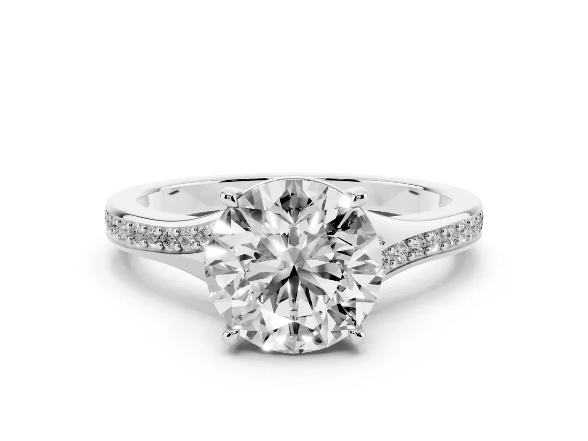 Round Cut Diamond Solitaire Ring Set in Silver with Pavé Accent Band and Classic Prong Setting