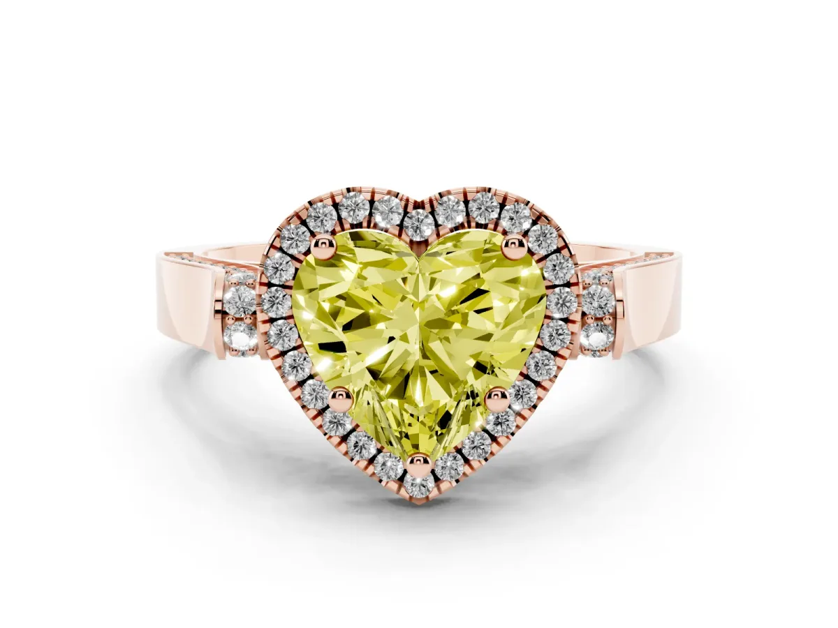 Fancy Yellow Heart Cut Diamond Halo Ring Set in Rose gold with Twist Band and Pavé Accents