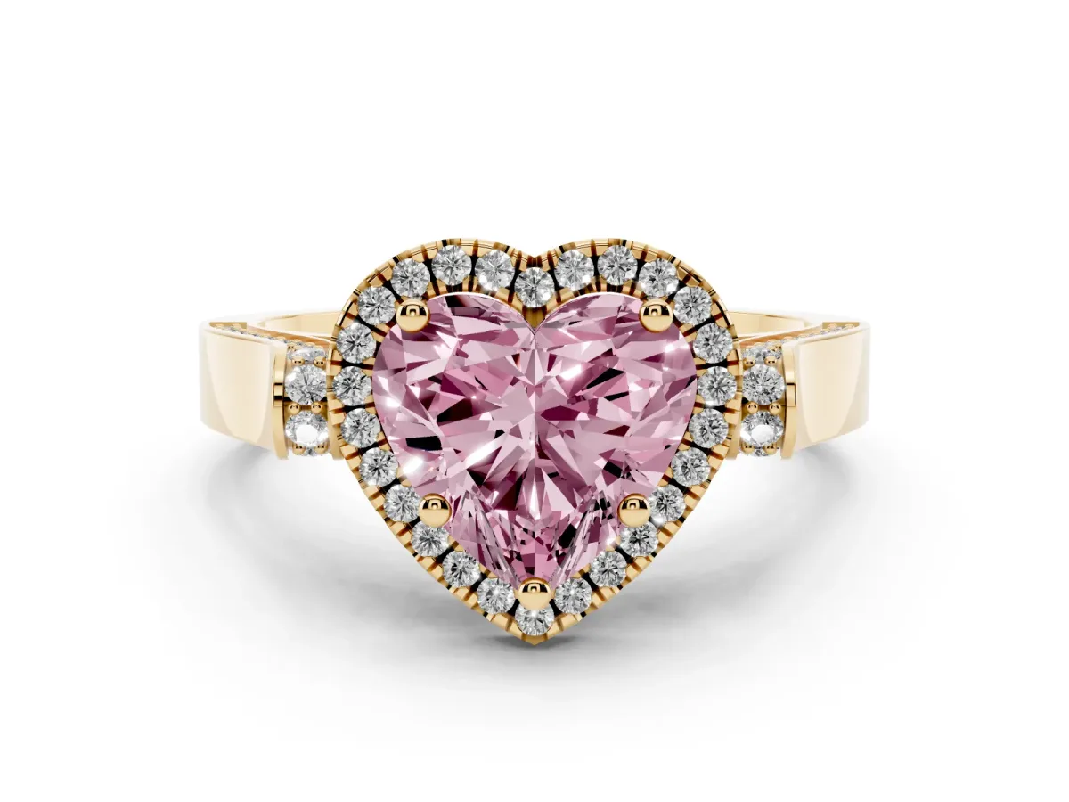 Fancy Pink Heart Cut Diamond Halo Ring Set in Yellow gold with Twist Band and Pavé Accents
