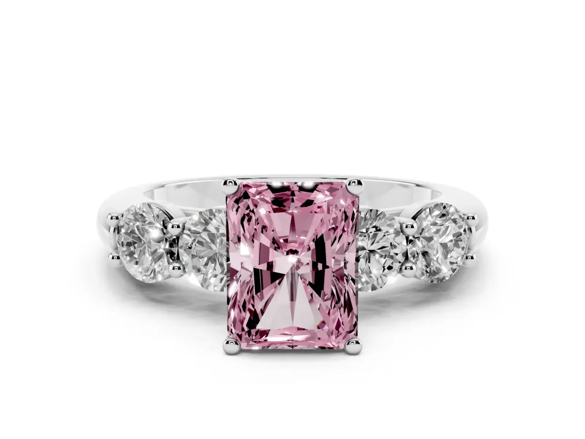 Fancy Pink Radiant Cut Diamond Five-Stone Prong Set Ring Set in Silver with Classic Band