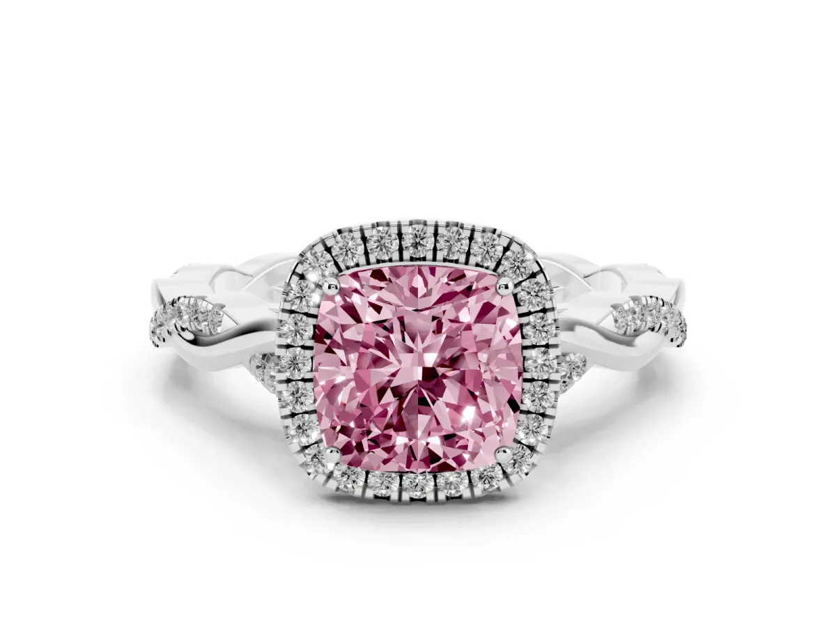 Fancy Pink Cushion Cut Diamond Halo Twist Band Solitaire Ring Set in White gold with Prong Setting