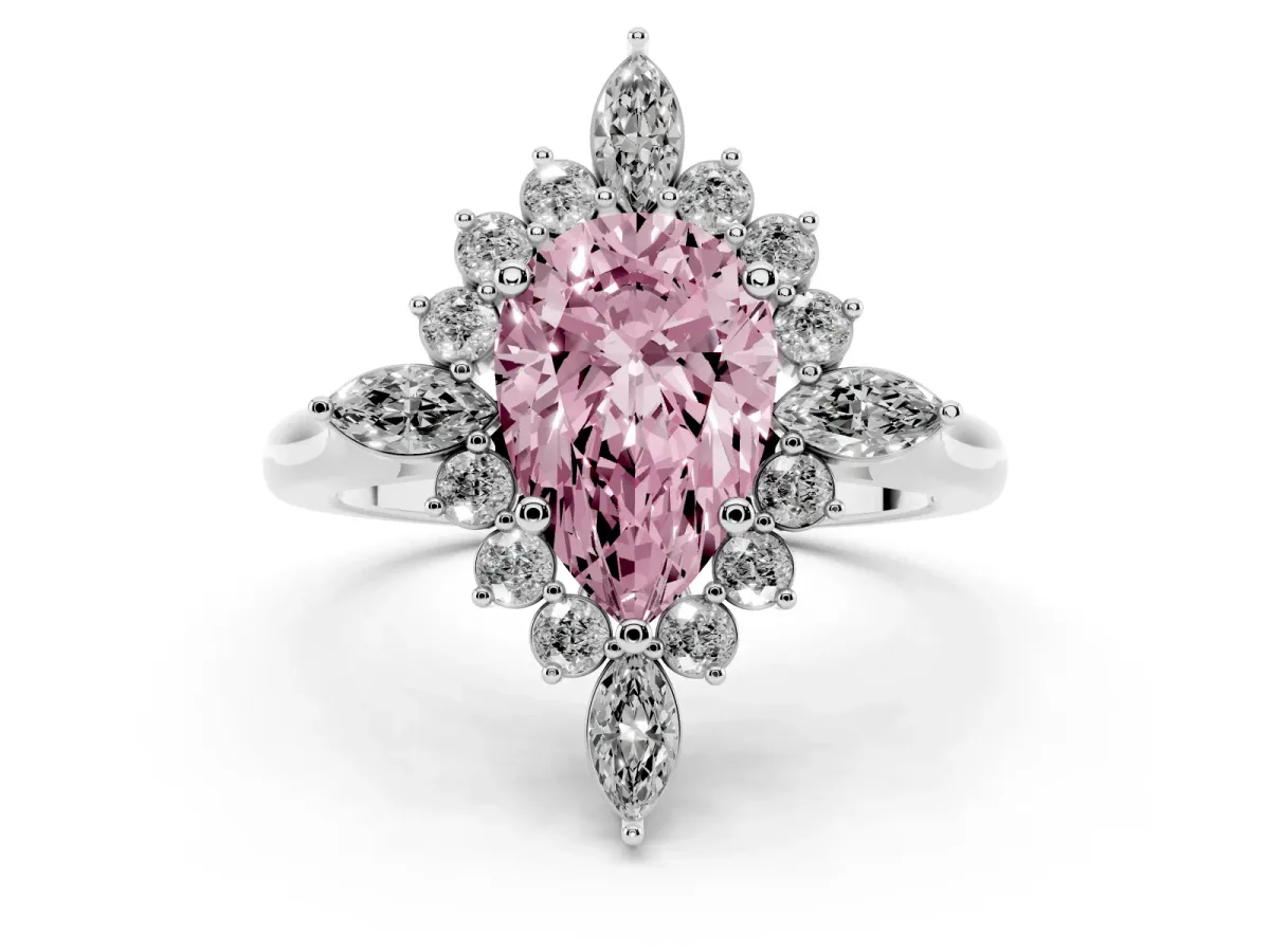 Fancy Pink Pear Cut Diamond Cluster Halo Ring Set in Platinum with Marquise and Round Accents