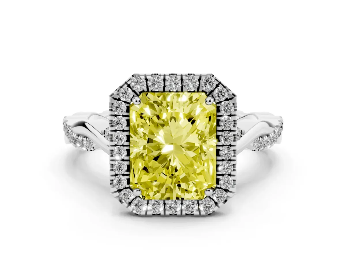 Fancy Yellow Radiant Cut Diamond Halo Twist Band Solitaire Ring Set in Silver with Prong Setting