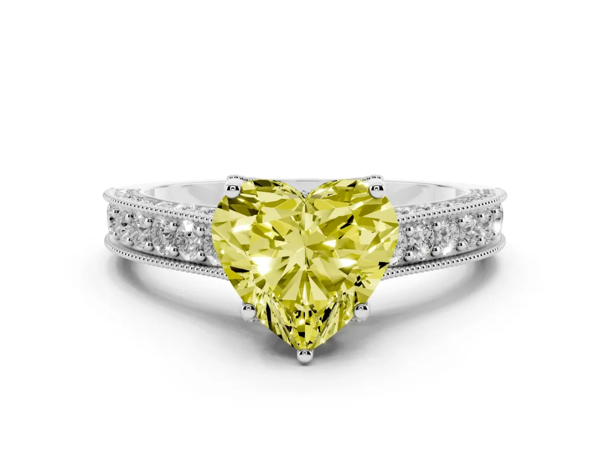 Fancy Yellow Heart Cut Diamond Solitaire Ring Set in Silver with Milgrain-Edged Pavé Band and Prong Setting