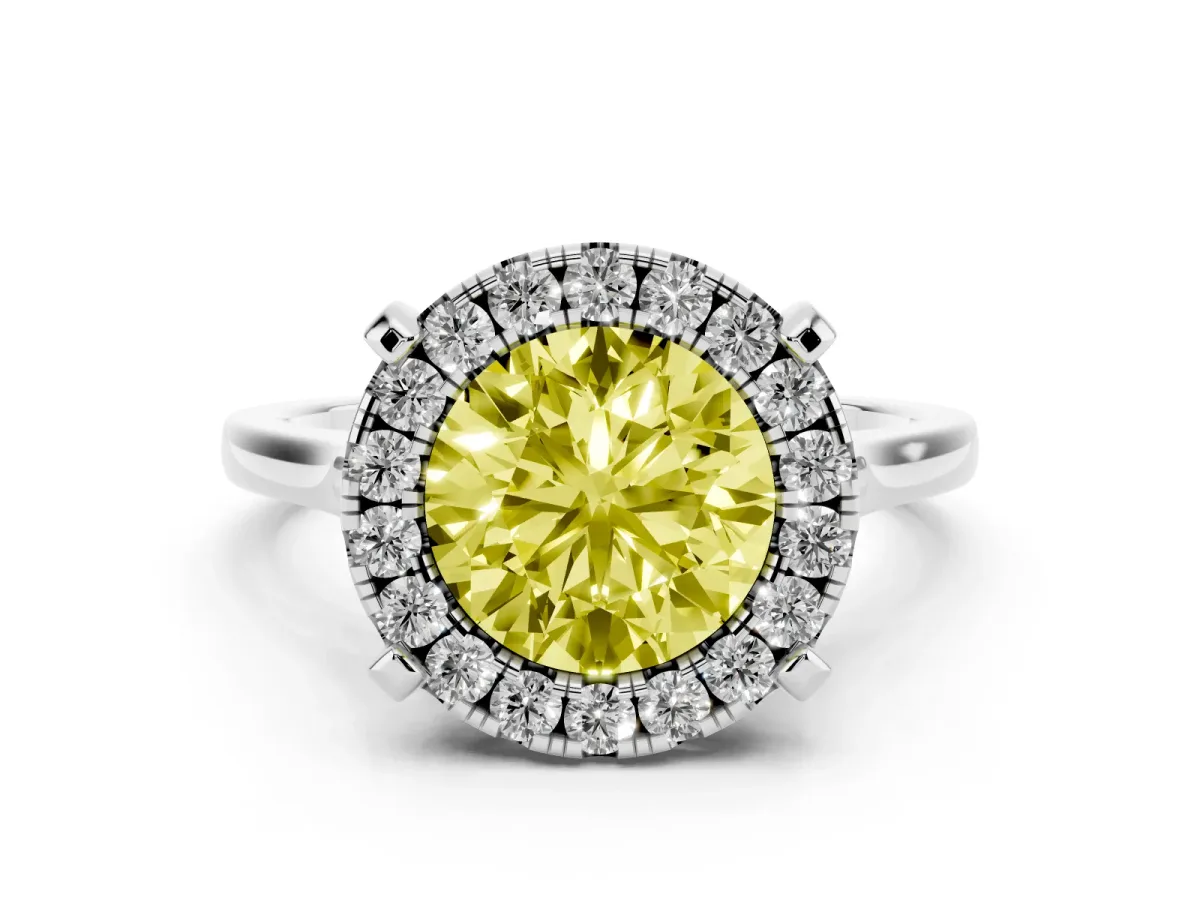 Fancy Yellow Round Cut Diamond Cluster Halo Solitaire Ring Set in White gold with Prong Setting