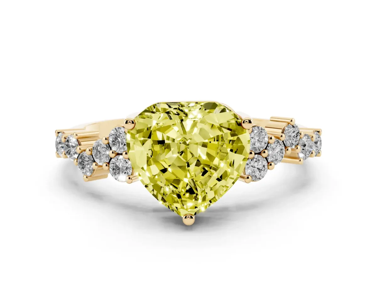 Fancy Yellow Heart Cut Diamond Ring Set in Yellow gold with Scattered Round Accents