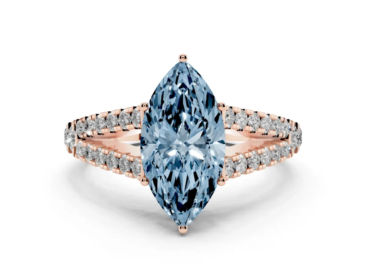 Fancy Blue Marquise Cut Diamond Split Shank Pavé Engagement Ring Set in Rose gold with Prong-Held Center Stone